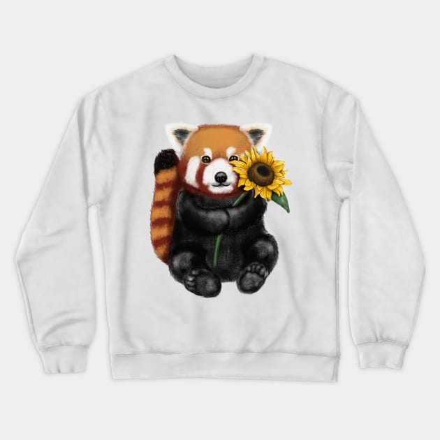 Cute Red Panda Holding Sunflower Crewneck Sweatshirt by Luna Illustration